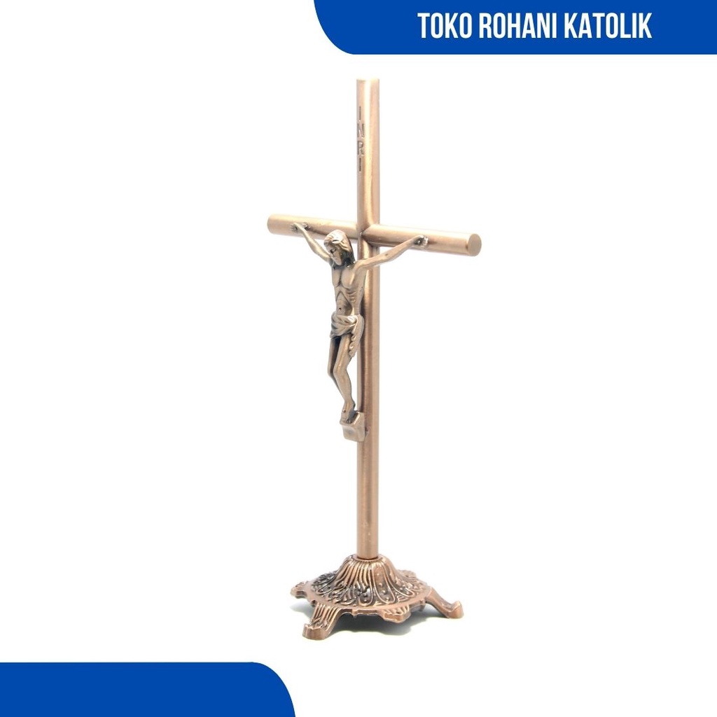 SALIB DUDUK KATOLIK (PIPA) 20 CM / SALIB KATOLIK LOGAM / SALIB MEJA / SALIB ALTAR