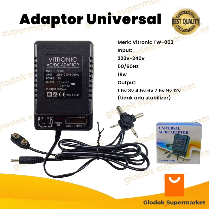 Adaptor Universal 1.5v 3v 4.5v 6v 7.5v 9v 12v 1a Vitronic Adapter Charger DC 1000mA