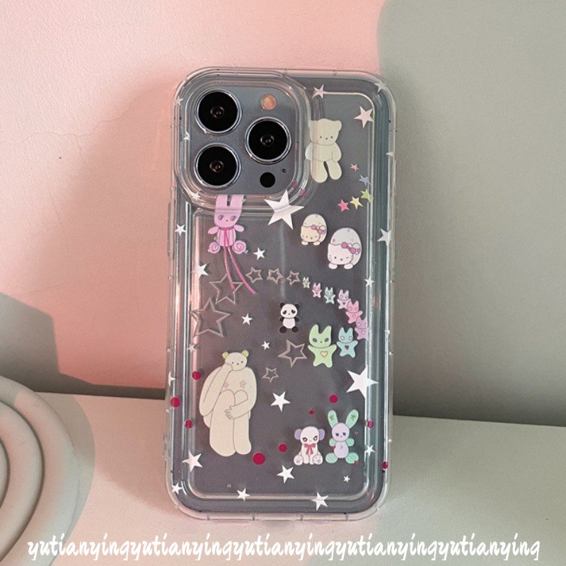 IPHONE Case Kompatibel Untuk Iphone11 14 13 12 Pro MAX 7plus XR 7 8 6 6S Plus X XS MAX 8plus SE 2020 Ins Korea Airbag Shockproof Kartun Bintang Lucu Beruang Kitty TPU Lembut Bening Ponsel Cover