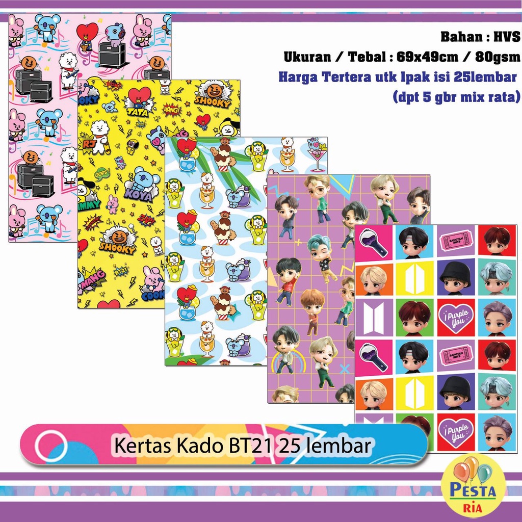 

Murah!! (1Set isi 25lmbr) Kertas kado karakter BT21, kertas kado korea, kertas kado karakter