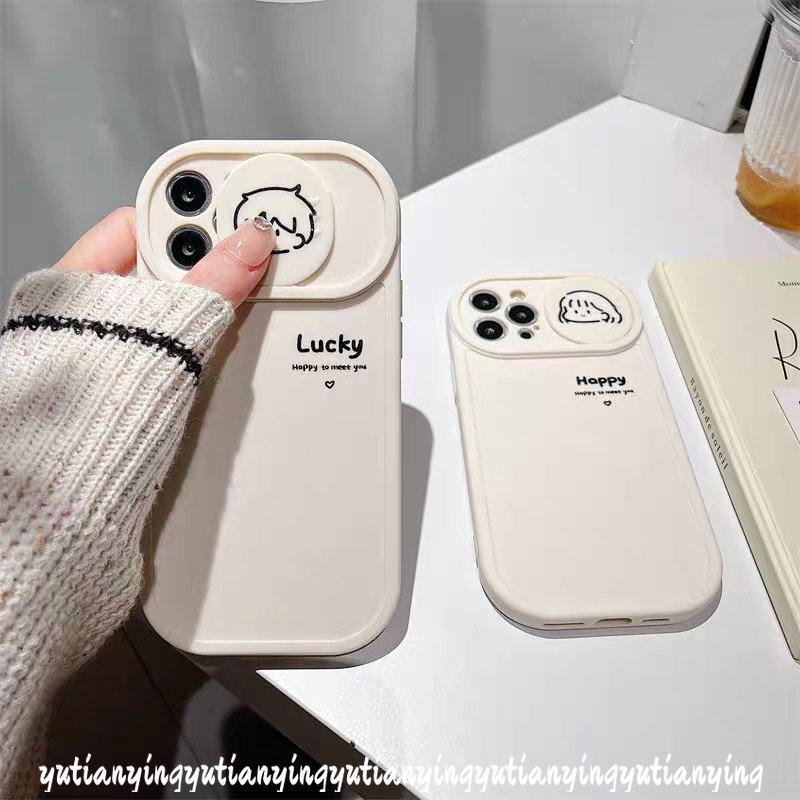 IPHONE Kartun Lucu Gadis Cowok Beruntung Happy Case Kompatibel Untuk Iphone11 12 13 Pro MAX XR 7plus 8plus 78 Plus X XS MAX Push Pull Window Pelindung Lensa Kamera Lembut TPU Pasangan Cover