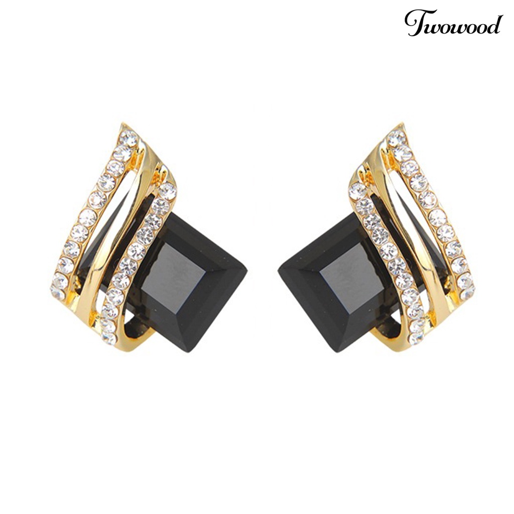 Twowood 1pasang Ear Studs Rhinestone Geometric Electroplating Luxury High Gloss Hiasan Telinga Perhiasan Kristal Imitasi Engagement Earrings Hadiah Anniversary