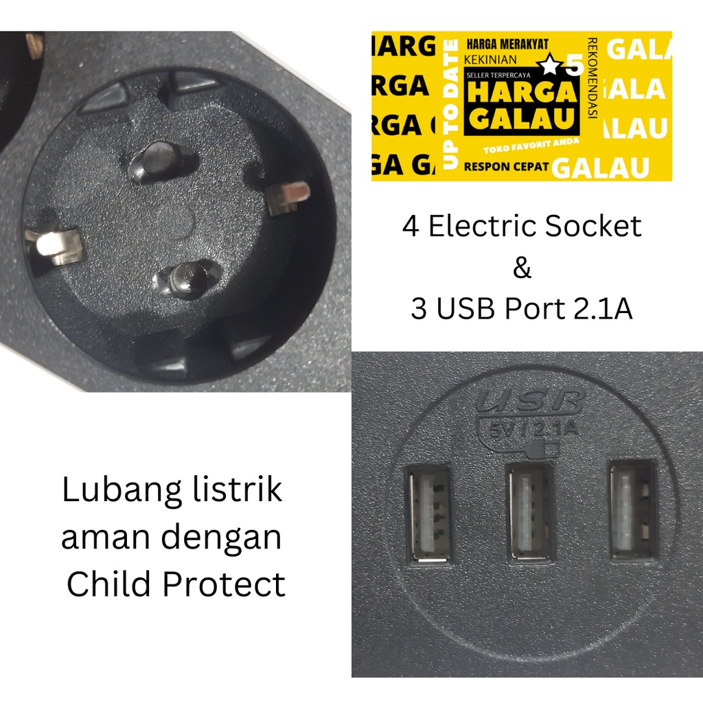 Terminal listrik 4 lubang 3 usb port 2.1A Original SNI 1.6 meter