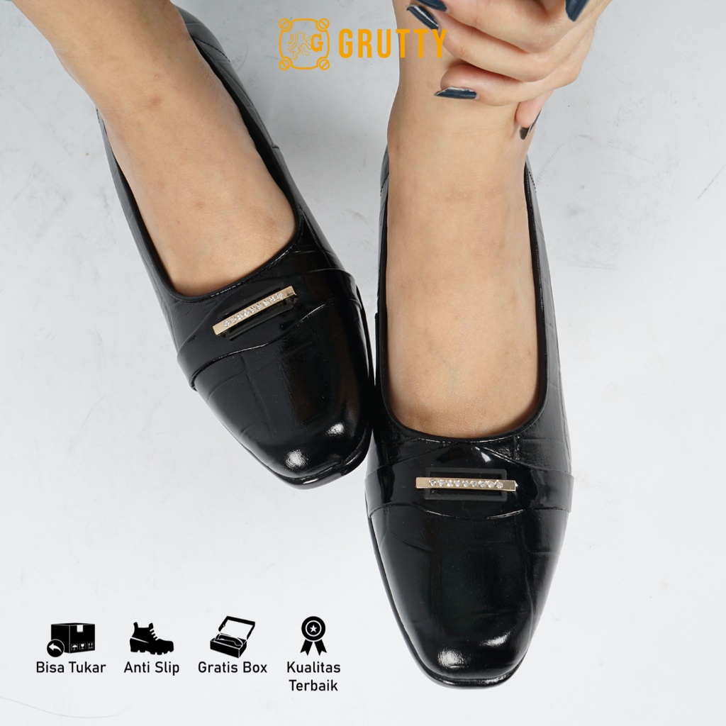 Sepatu Wanita Formal Pantofel Kerja Heels Kulit Grutty DC031 Hitam