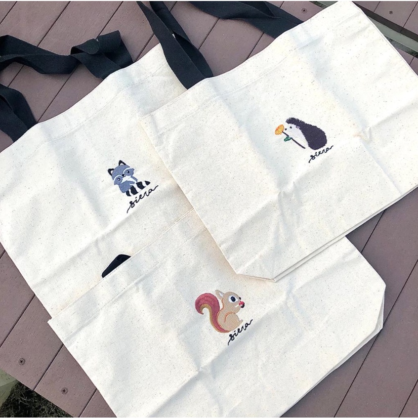 TOTE BAG BORDIR HEDGEHOG RACOON SQUIRREL TAS TOTE BAG BORDIR