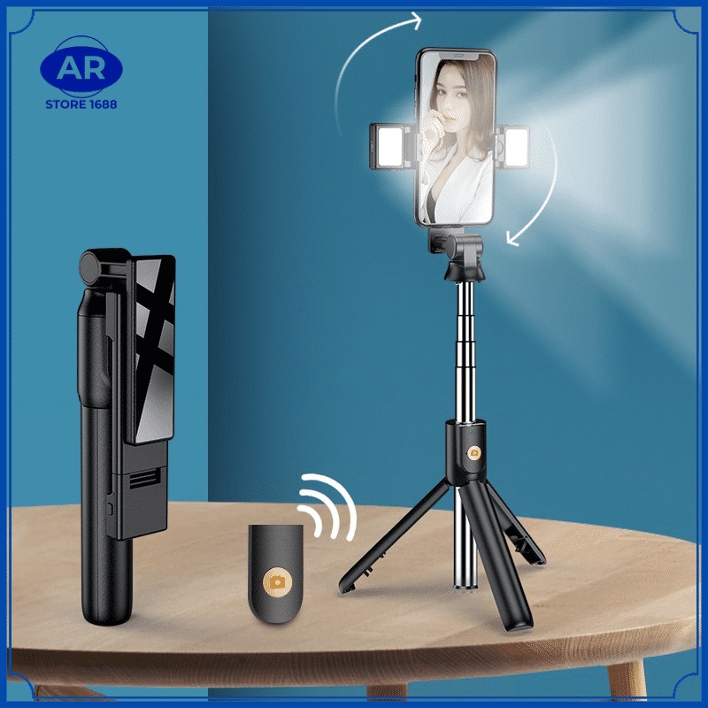 AR Selfie stick R1S tongsis 4in1 plus Remote Control Bluetooth Tripod Plus Lampu Flash