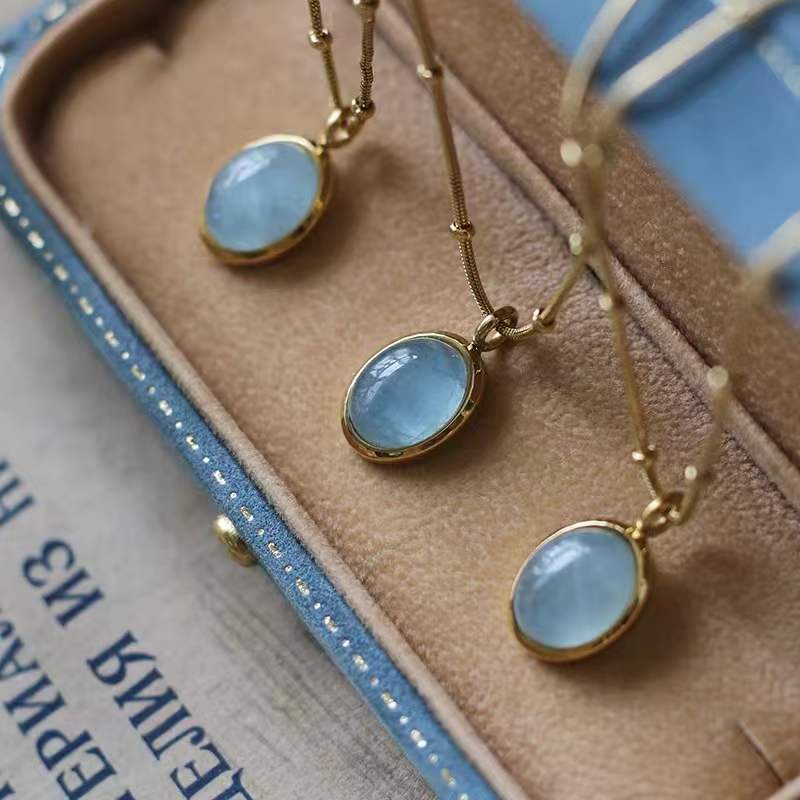 Kalung Rantai Klavikula Hias Kristal Aquamarine Gaya Korea Untuk Perempuan