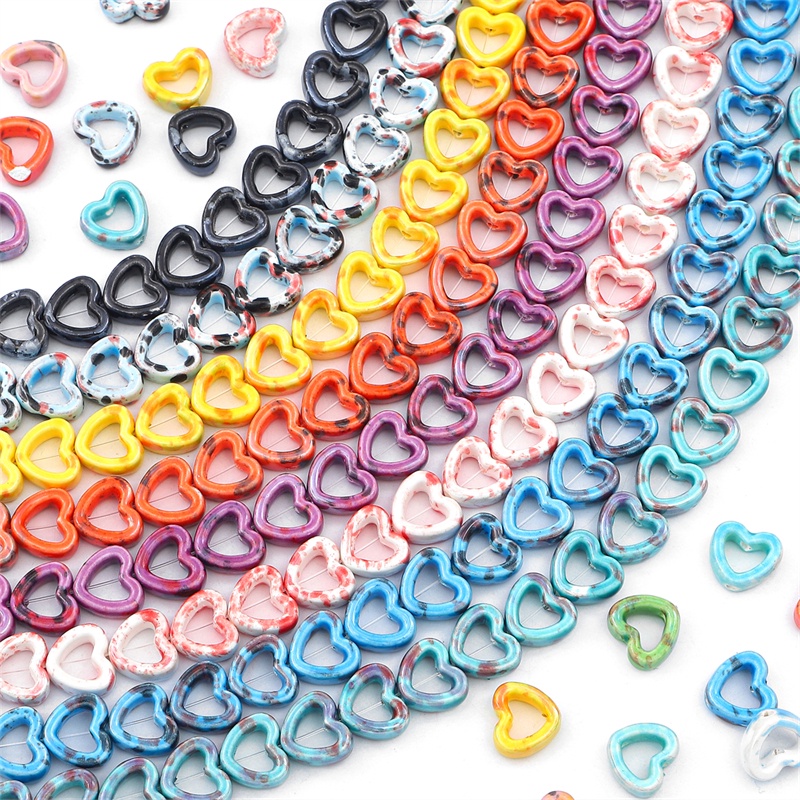 Keramik Pola Tinta Percikan Tidak Teratur Aksesoris Manik-Manik Sederhana Berbentuk Hati Manik-Manik Keramik multi-Warna Membuat Perhiasan Manik-Manik Berlubang handmade Porselen beads