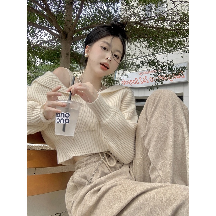 Red Jas gaya malas wanita desain musim semi rasa sweater pendek dengan rompi celana lebar kaki celana wangi kecil setelan tiga potong