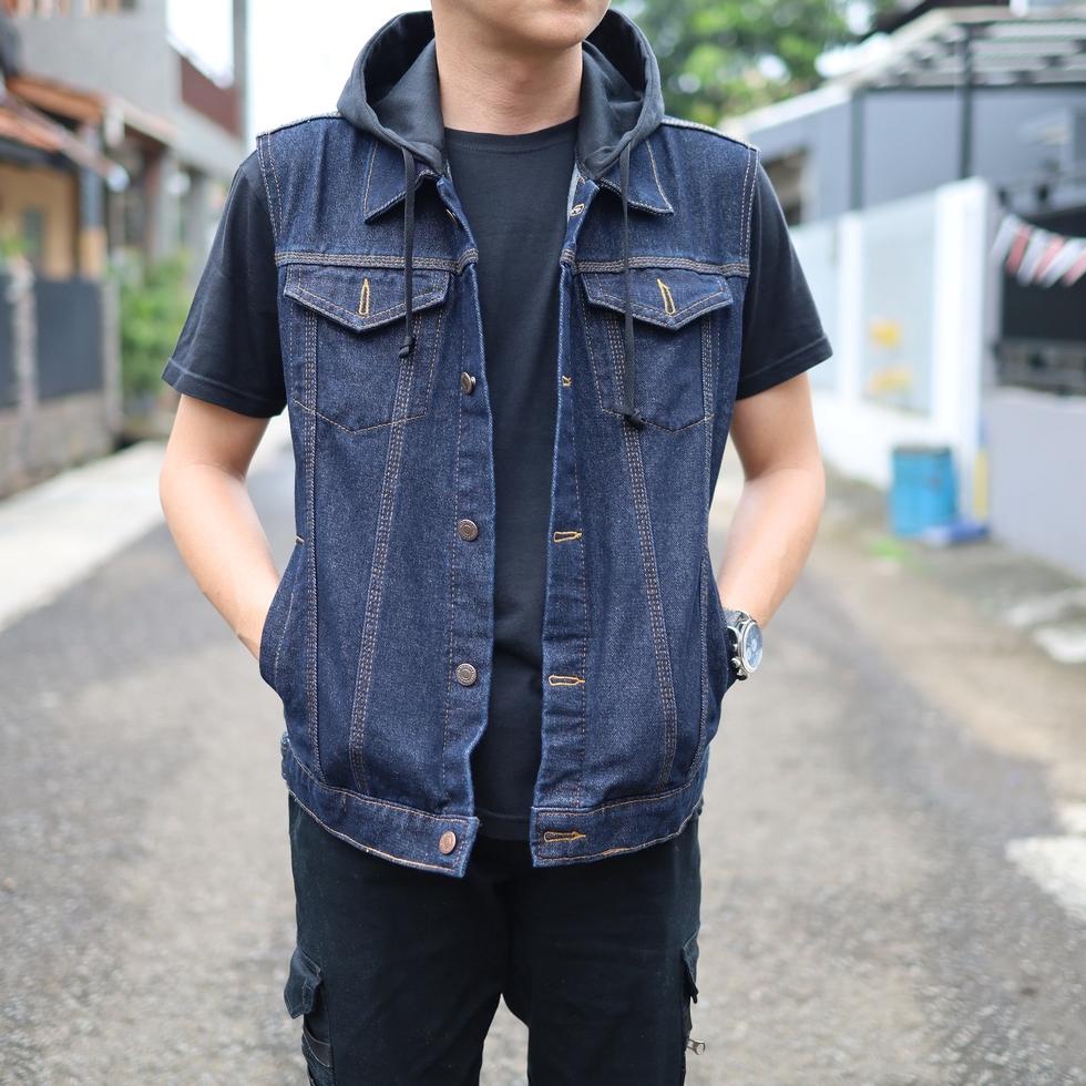 HARGA SPESIAL Rompi Jeans Pria / Rompi Jeans Hoodie / Rompi Denim Cowo Best Seller