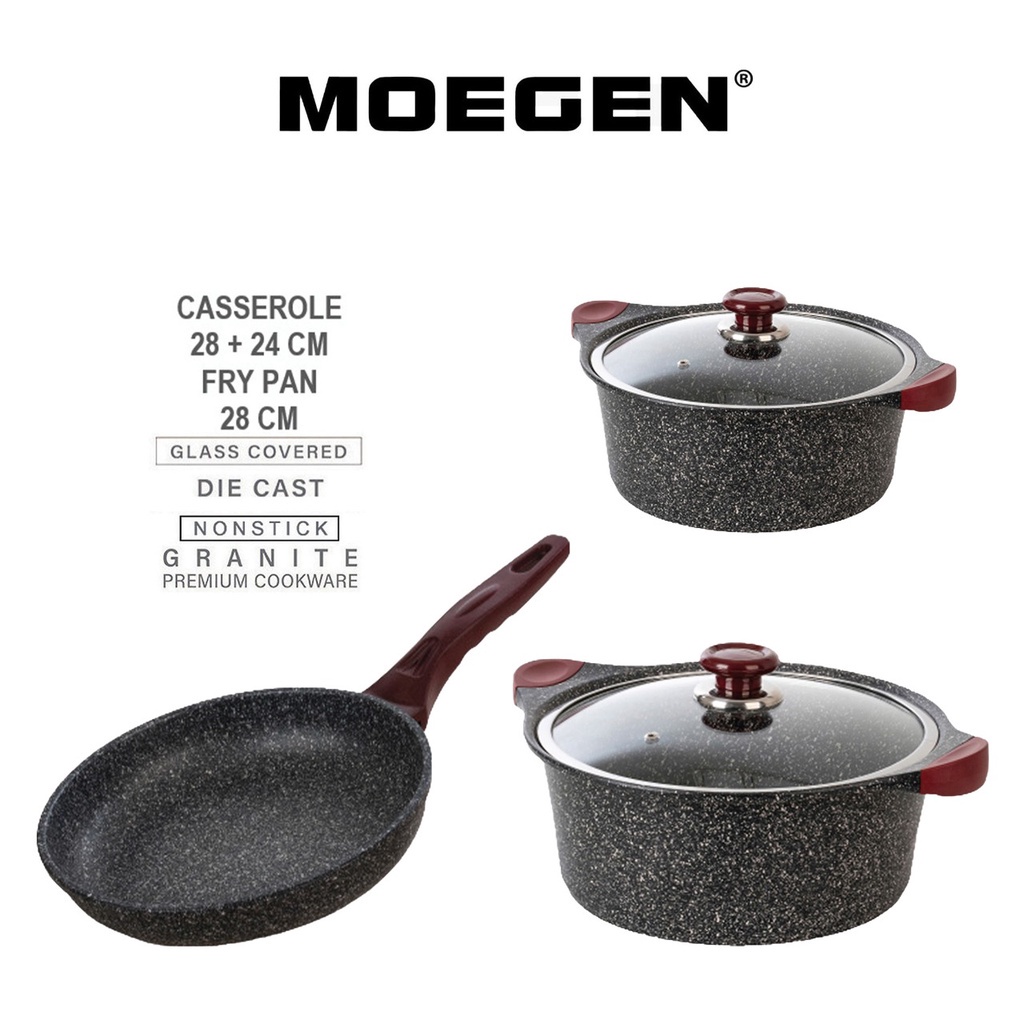 Moegen Germany 5 PCS Granite Series Casserole 24+28 cm &amp; Fry Pan 28 cm Anti Lengket