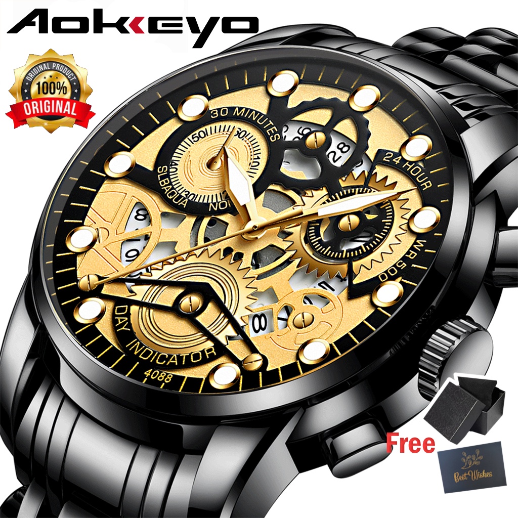 Aokeyo 4088 Jam Tangan Pria Anti Air Original Luxury Stainless Steel（Free BOX+Kartu）-1