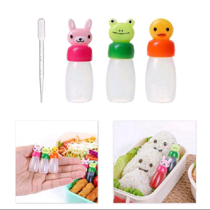 Set Botol Saus Mini Isi 3 Bumbu Mini Bentuk Kelinci Katak Bebek Lengkap Dengan Pipet Botol Kecap Bento Mini Bekal Anak