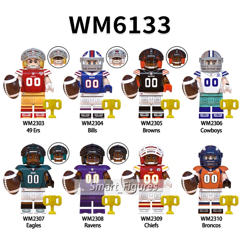 Rugby Minifigures Browns Cowbays Eagles Ravens Chiefs Broncos Mainan Rakitan Anak Hadiah Angka Mini WM6133