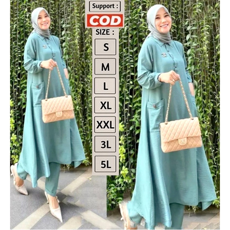 Setelan Set / Long Tunik Travelling Harian Kuliah Kondangan Jumbo Simpel Polos Adem Mewah Elegan eki