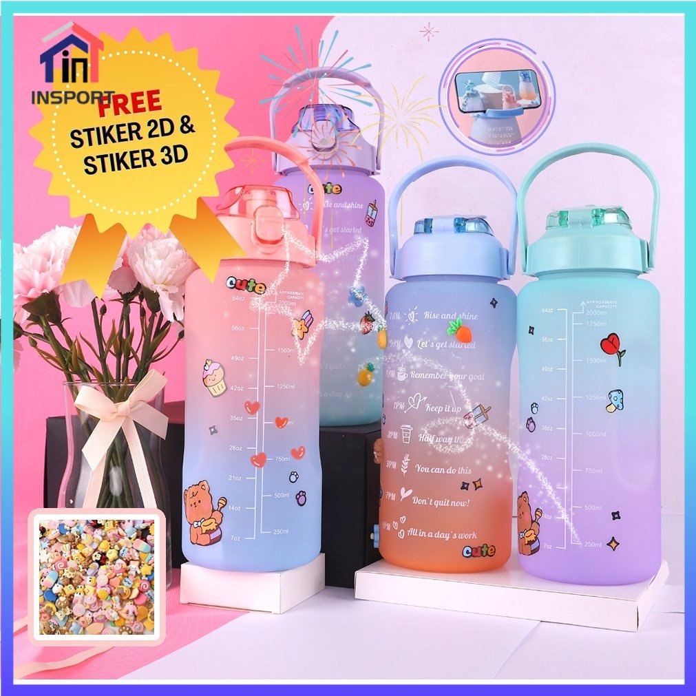 COD/Botol Minum 2 Liter Free Stiker 2D &amp; 3D / Botol Minum Viral Motivasi / Botol Pelangi Gradasi Botol Minum Gemoy Murah