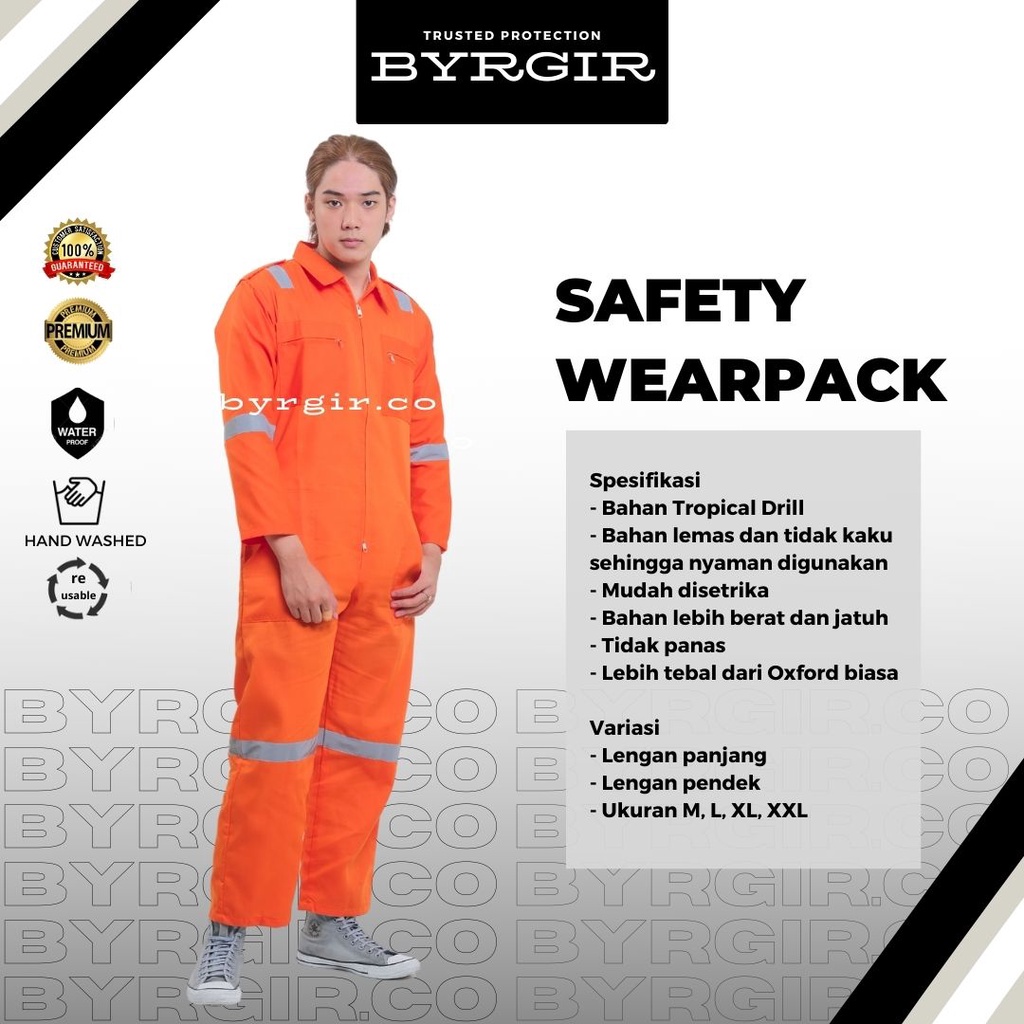 BYRGIR Safety Wearpack Baju Kerja Bengkel Seragam Coverall Proyek Wearpack Model Terusan Langsungan Polos Terusan Atasan Lengan Panjang Bahan Ketelpak Twill