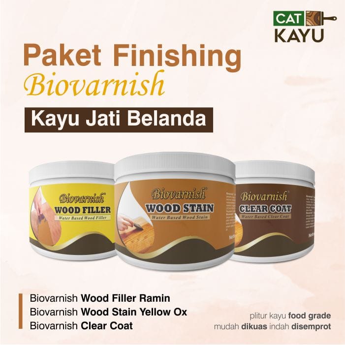 Paket Plitur Kayu Kecil Jati Belanda Waterbased | Biovarnish Wood Filler Woodstain Top Coat