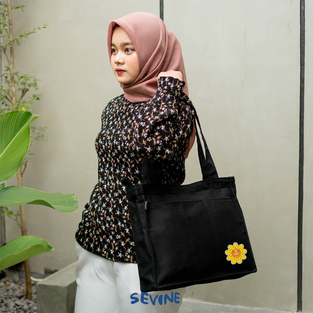 Sevine Totebag Kanvas Rebecca Tas Wanita Tote Bag Kuliah Sekolah Sekat Botol Laptop Hitam Elegan Aesthetic - WT