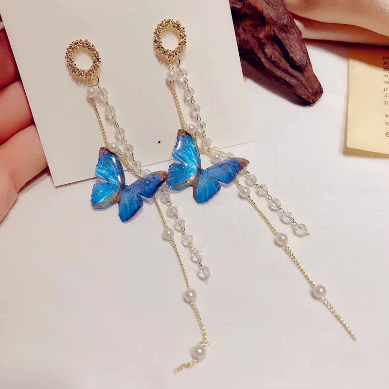 Temperamen Korea Panjang Rumbai Kupu-Kupu Drop Anting-Anting Elegan Kristal Gantung Anting Wanita Fashion Perhiasan Hadiah Pesta