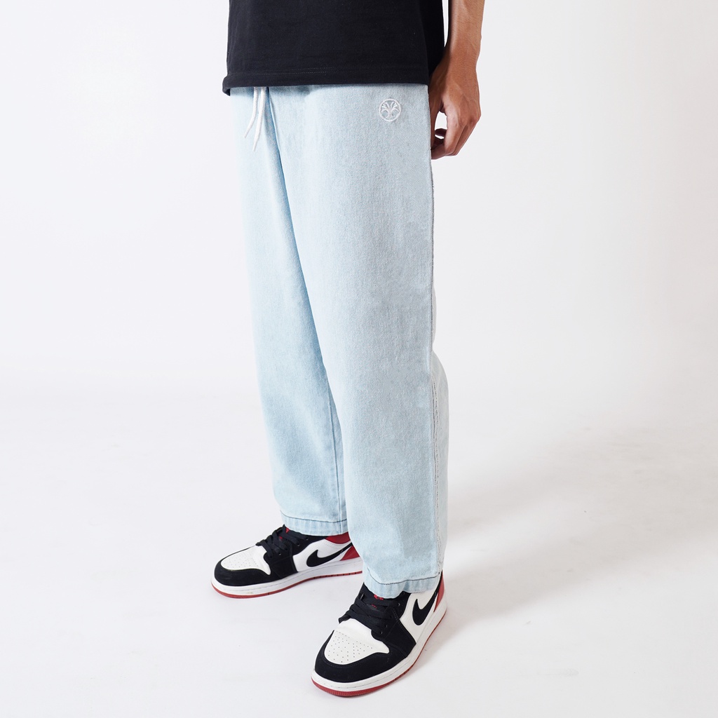 Pluviophile - Relaxed pants celana Baggy relaxed Gombrong Jeans karet Denim Blue Bleach