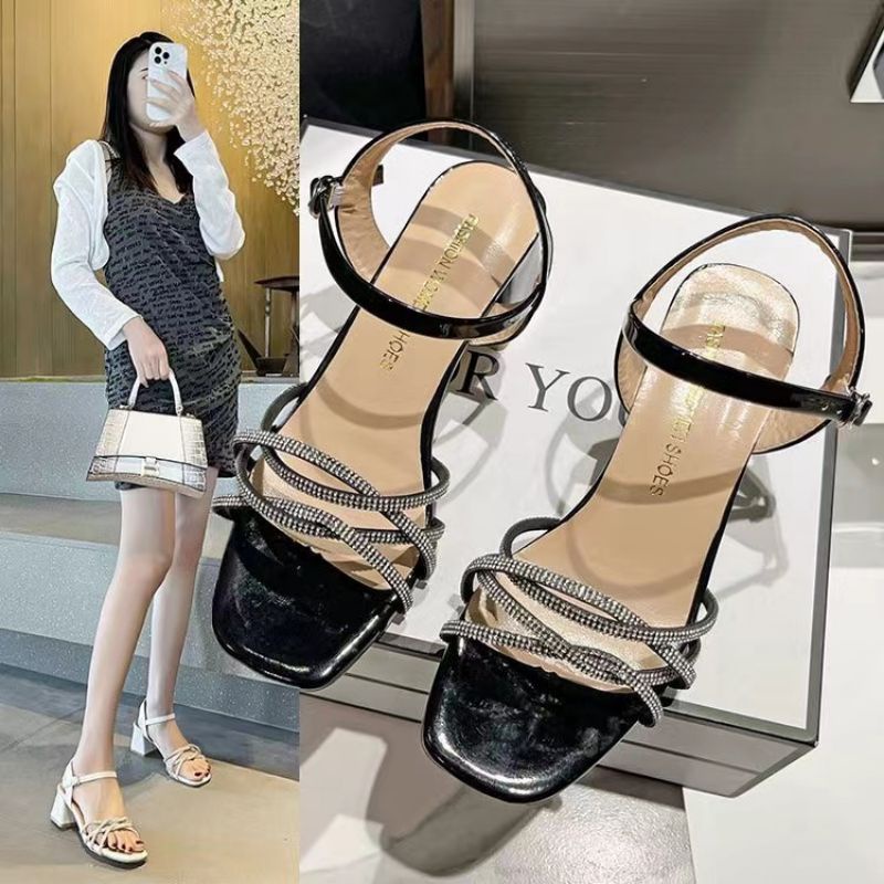 NF8815 - Sandal Heel Kristal Silang Fashion Wanita Import