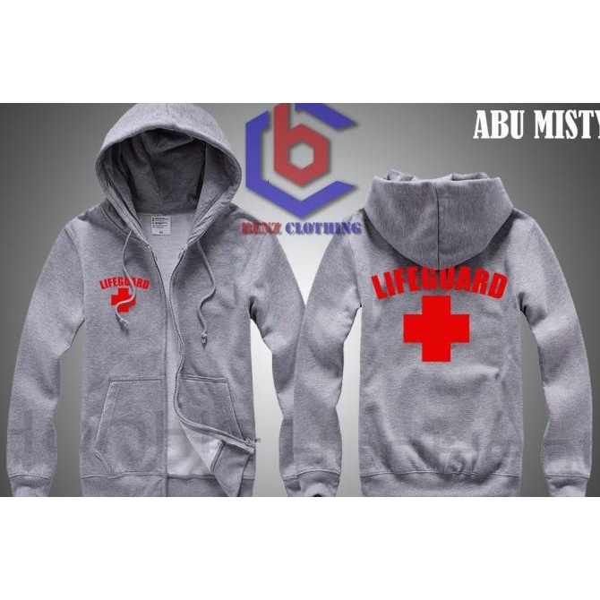 Jaket Hoodie Sweater Lifeguard Outerwear Pria Wanita Zipper Resleting Depan Polos Sablon Polyflek Ko