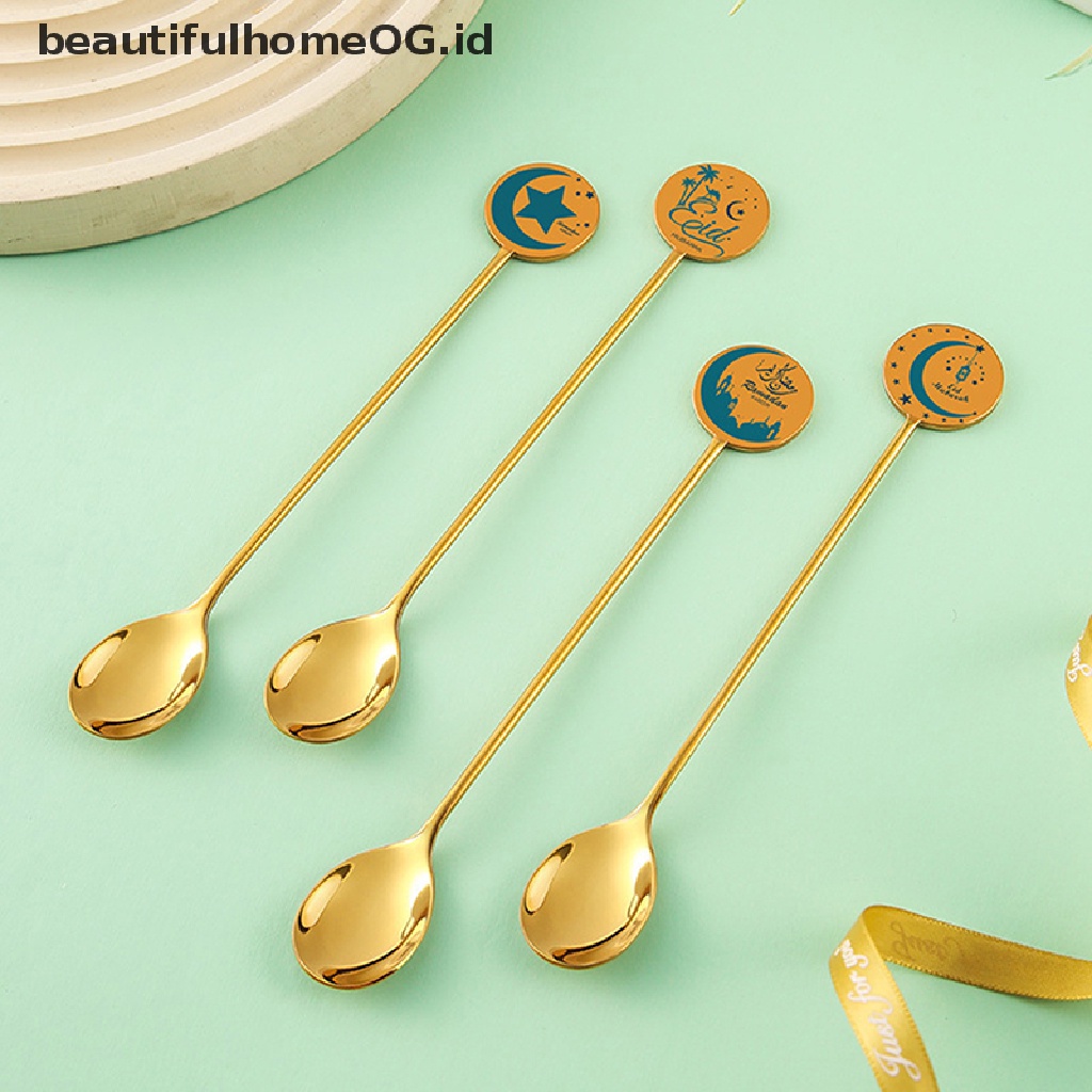 // Beautifulhomeog.id// New Gold Eid Mubarak Star Moon Pendant Spoon Stainless Steel Peralatan Makan Islam Liburan Muslim Dekorasi Peralatan Makan Pesta Rumah **