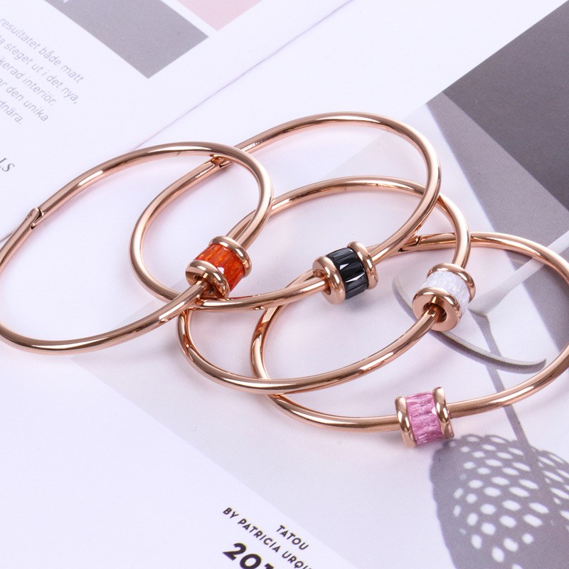 Gelang Tangan Titanium Steel Lapis Rose Gold 18K Hias Batu Kristal Es Gaya Jepang Korea Selatan