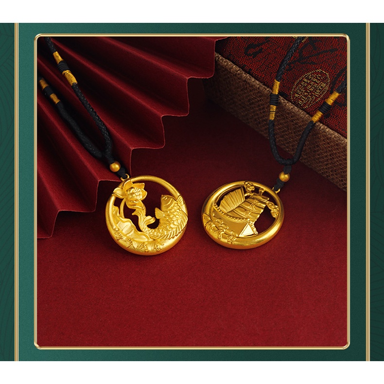 Goldkingdom Perhiasan Fashion Emas Asli Kadar 375Bangkok Aksesoris Ready Stock Dilubangi Emas Bulat Merek Liontin Kalung Fuyu Berlayar Rantai Tali Yang Dapat Disesuaikan