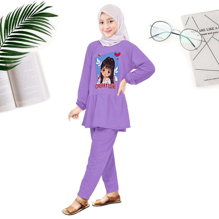 VC - Setelan Anak Perempuan Ruffle Lengan Panjang Motif Cherry Usia 6-12 tahun