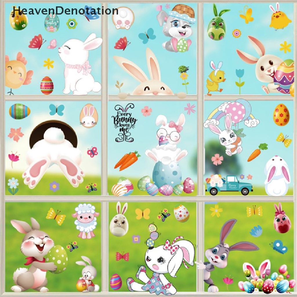 [HeavenDenotation] 9pcs Stiker Jendela Kaca Happy Easter Colorful Bunny Eggs Wall Sticker 20x30cm HDV