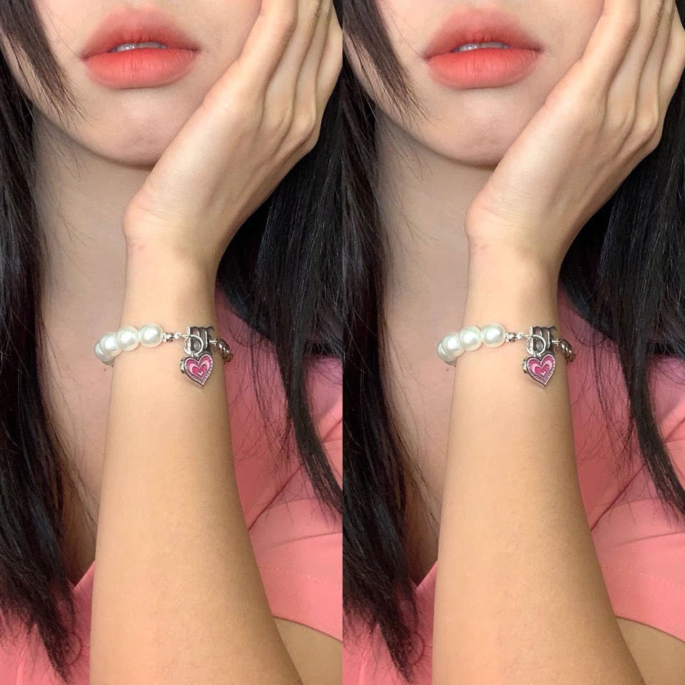 AY(CN) Kalung Dan Gelang Rantai Choker Liontin Hati Warna Pink Aksen Mutiara Untuk Wanita