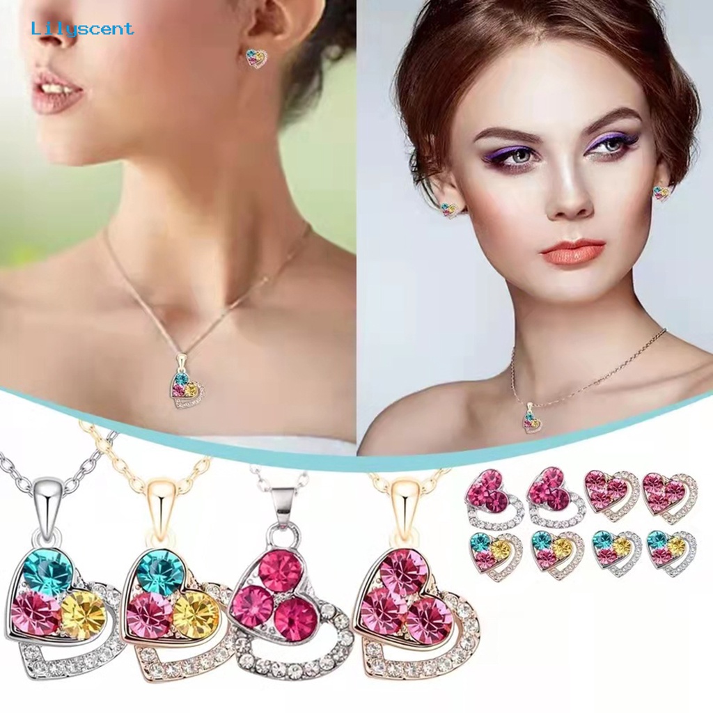 [LS] 1set Perhiasan Wanita Set Shiny Colorful Full Rhinestones Geometris Berkilau Hias Hadiah Anniversary Cinta Bentuk Hati Liontin Kalung Stud Anting Set Aksesori Fashion