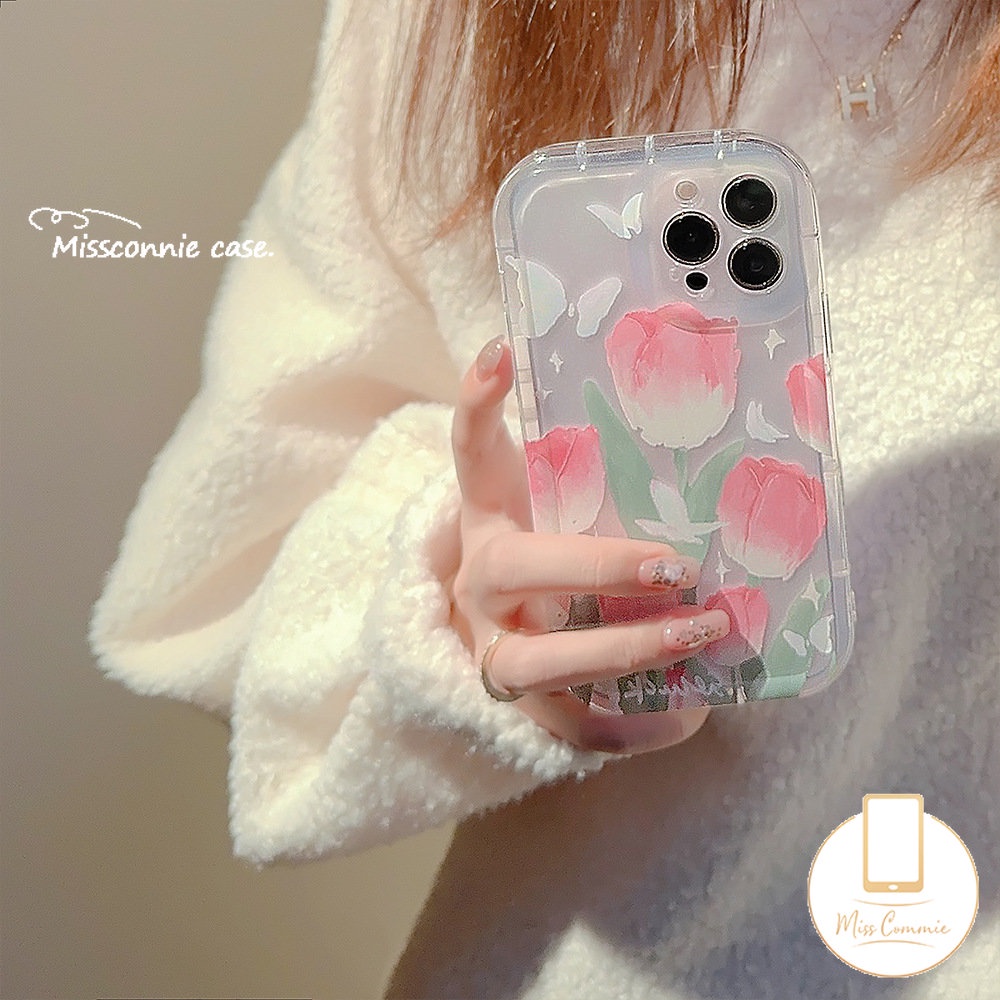 Ins Fashion Spring Fresh Flower Kompatibel Untuk iPhone 7Plus 11 14 12 13 Pro Max XR X 6s 7 8 6 Plus XS Max SE 2020 Fantasy Butterfly Tulips Transparan Airbag Shockproof Soft Cover