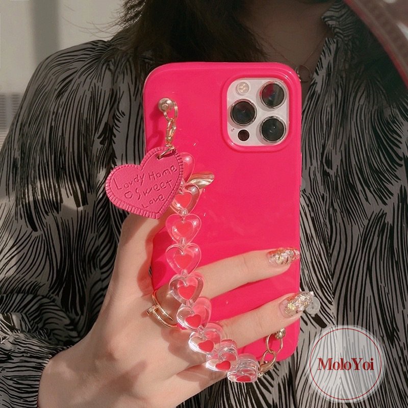 IPHONE Luxury Glossy Rose Red Smooth Case Kompatibel Untuk Iphone14 11 13 12 Pro Max 7Plus X7 8 Plus XR XS Max SE 2020 Simple Warna Solid Soft Tpu Cover Dengan Gelang Love Heart