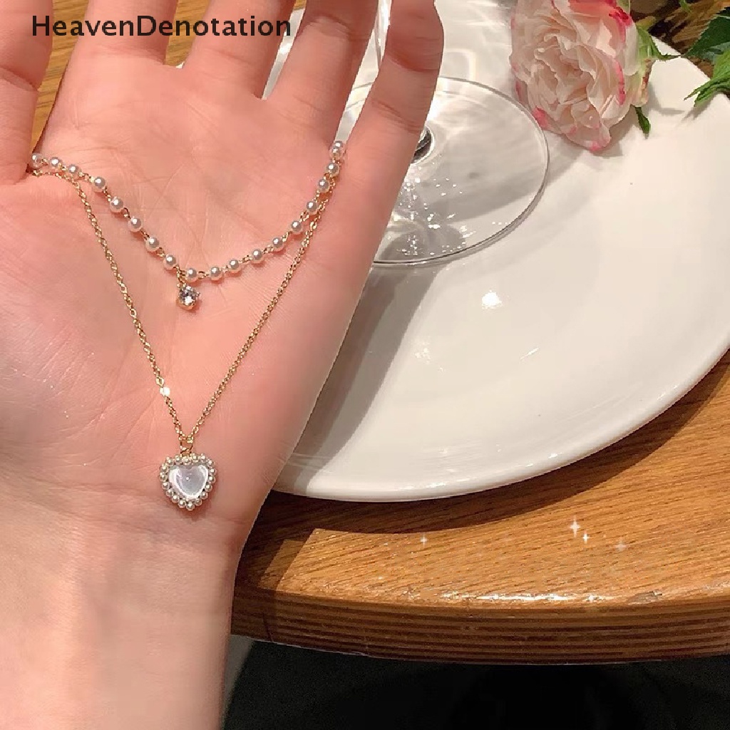 [HeavenDenotation] Fashion Baru Kpop Mutiara Jantung Choker Kalung Lucu Double Layer Rantai Liontin Untuk Wanita Perhiasan Gadis Hadiah HDV