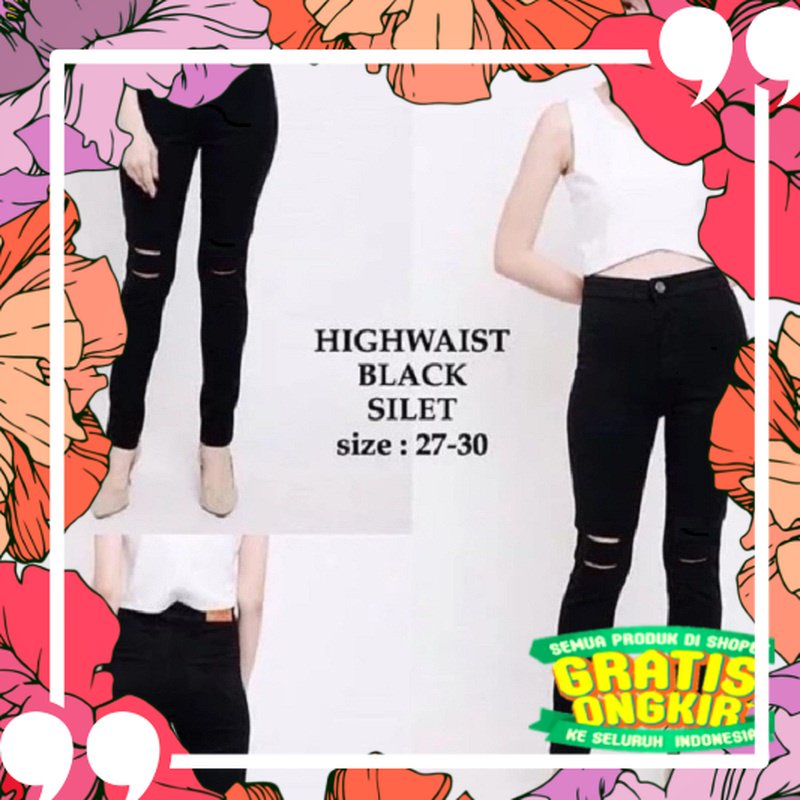 celana panjang jeans hw sobek lutut warna hitam terbaru celana sobek hitam / wash strap