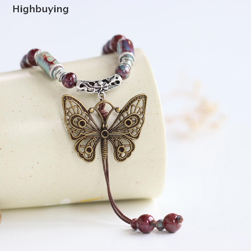 Hbid Manik-Manik Kupu-Kupu Antik Anyaman Rantai Liontin Kalung Panjang Manik-Manik Keramik Rumbai Sweater Rantai Kepribadian Gaya Etnik Liontin Kalung Glory
