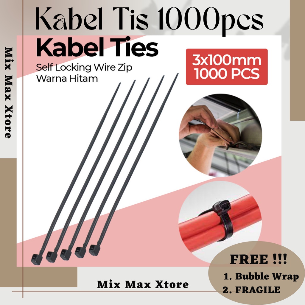 Kabel Tis Ties 3x100mm 1000 PCS Self Locking Wire Zip Cable Organizer - Black Kabel Pengikat