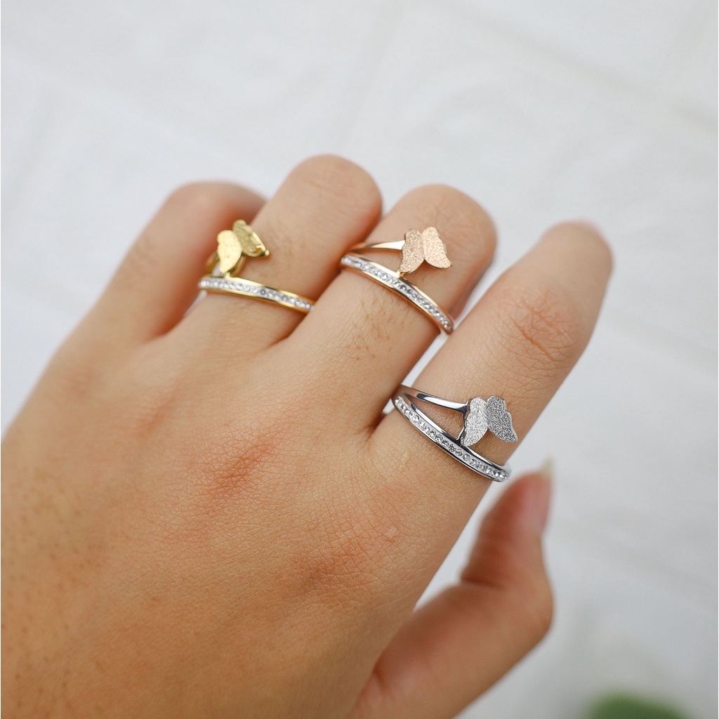 Cincin kupu zircon berjejer Titanium Stainless Steel 316L anti karat harga grosir bisa bayar di tempat