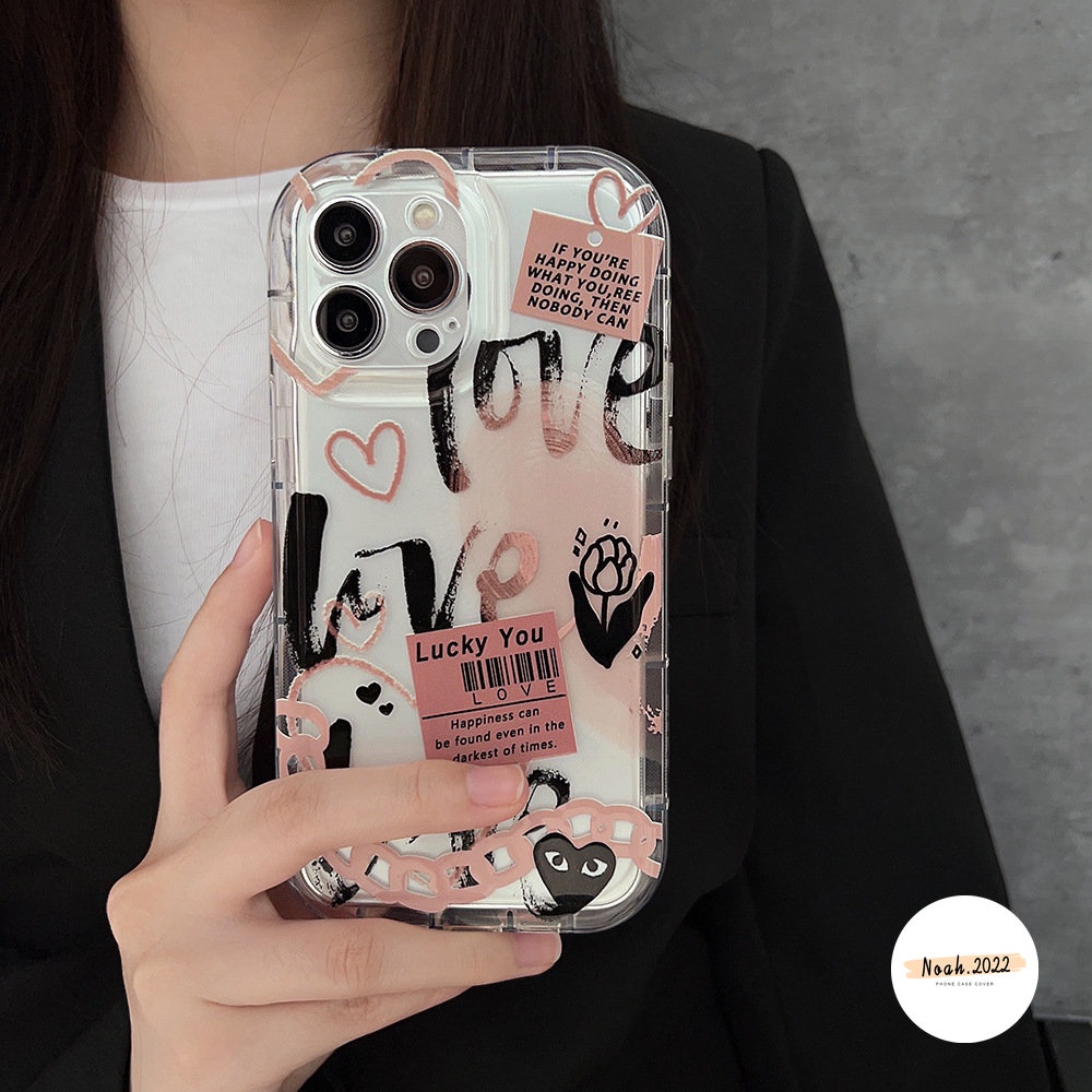 IPHONE Kartun Graffiti Cinta Hati Case Kompatibel Untuk Iphone11 13 12 14 Pro Max6 6s 7 8 Plus XR X XS MAX Shockproof Airbag Comme des Garcons Label Bunga Bening TPU Case Soft Cover