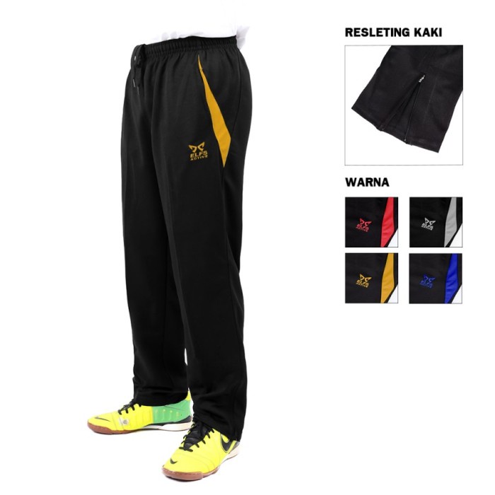 Elfs Active - Celana Training Panjang Running Pria Hitam List Abu Muda - Kuning Tua, M (Q3O5) Celana