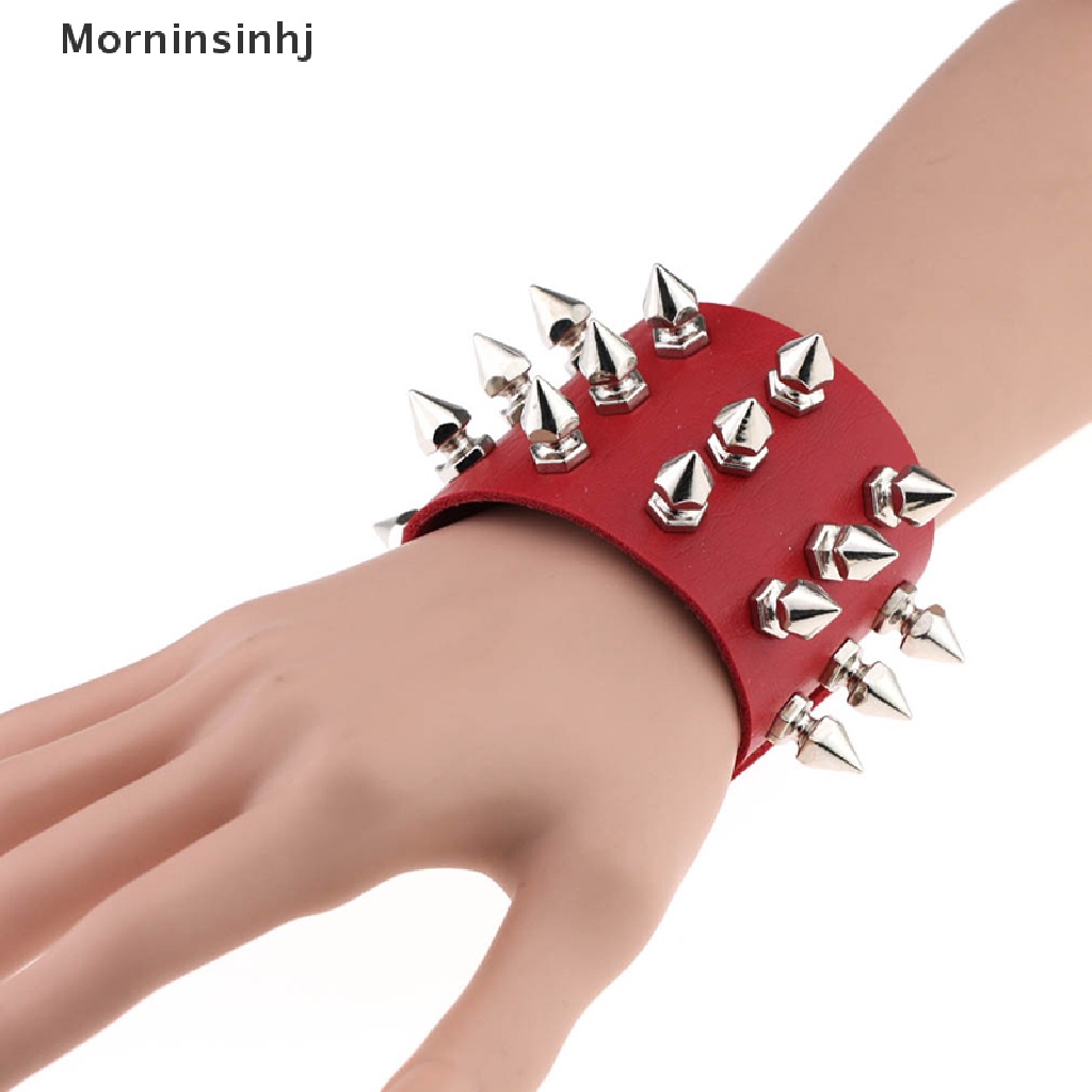 Mornin Tiga Baris Rivet Stud Manset Lebar Kulit PU Punk Gothic Rock Gelang Hadiah id