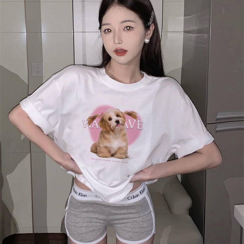 Print T-shirt Kaos Lengan Pendek Cute Pink Dog Atasan Wanita Oversize Korean Style