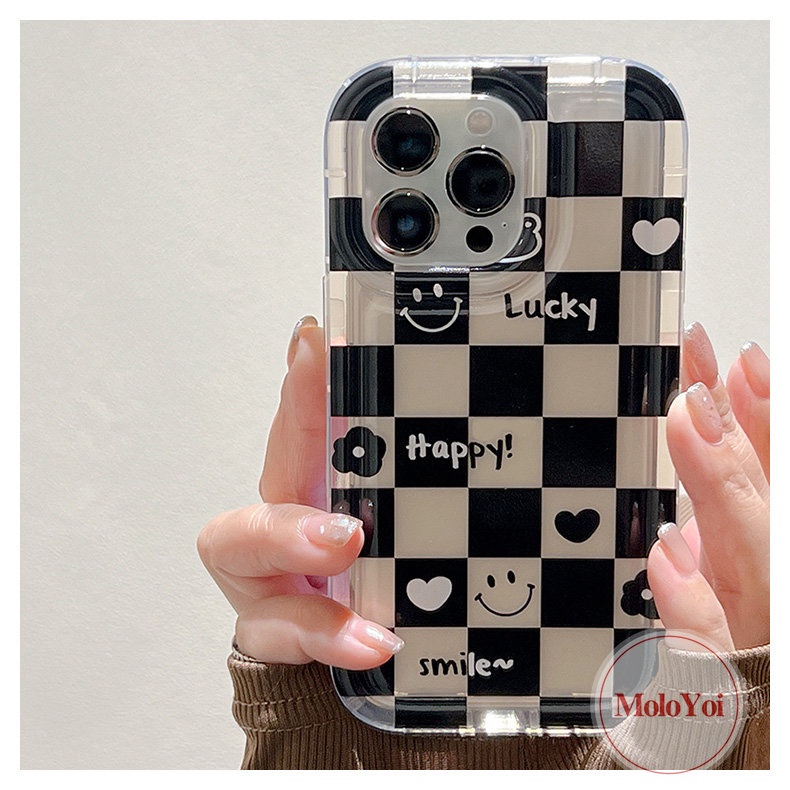 IPHONE Ins Kotak-Kotak Pasangan Case Kompatibel Untuk Iphone14 13 12 Pro Max11 7 8 Plus XR 6 6S Plus X XS MAX Beruang Lucu Cinta Hati Flowers Happy Lucky Smiley Shockproof Airbag Soft Cover