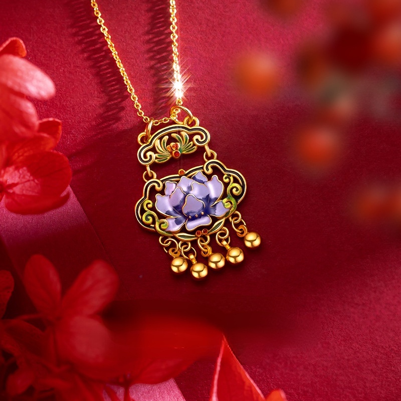 Goldkingdom Perhiasan Fashion Emas Asli Kadar 375Bangkok Aksesoris Ready Stock Enamelled Gaya Retro Liontin Wanita Membakar Biru Cincin Ganda Ruyi Lotus Lock Kalung