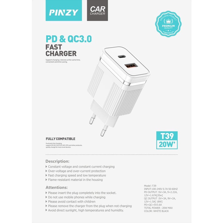 Charger PINZY T39 PD20W QC3.0  Dual Port Fast Charging include kabel charger