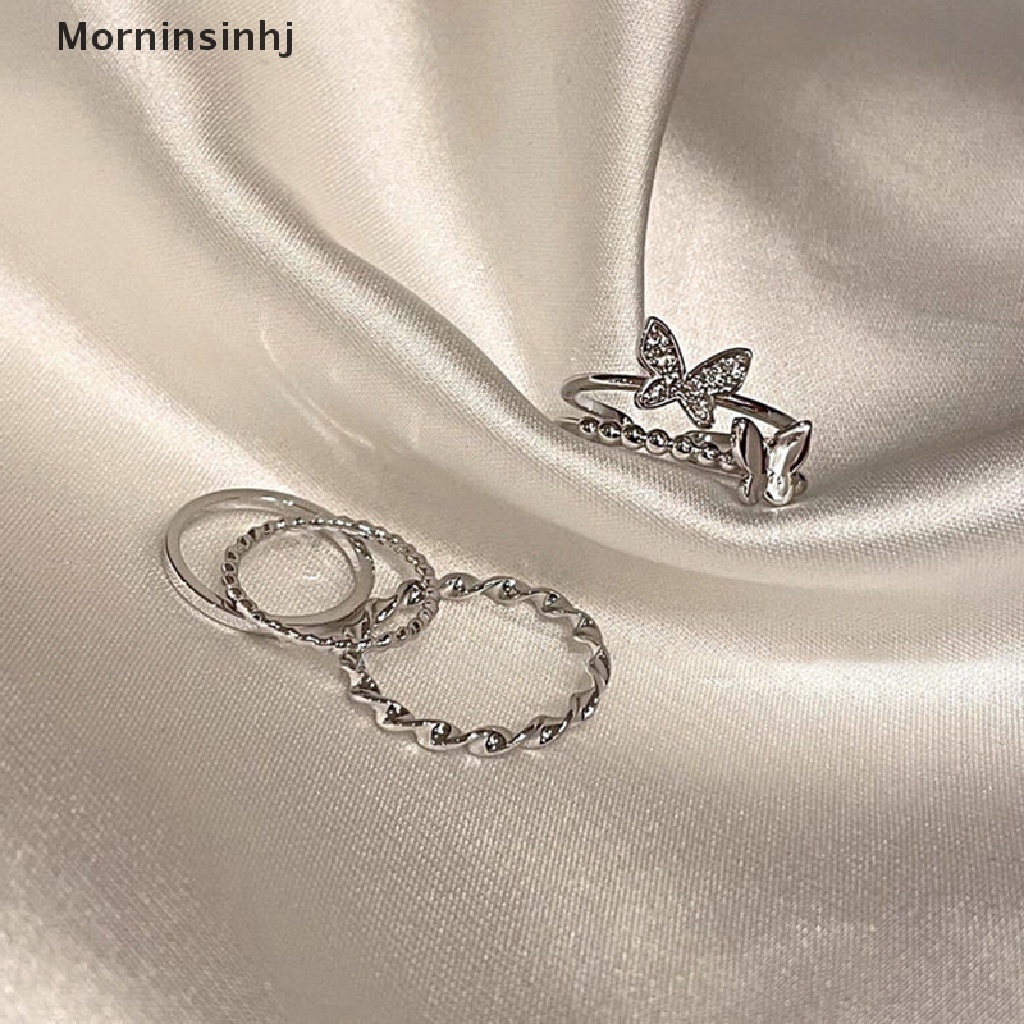 Mornin 3/4/5PCS Butterfly Metal Punk Rings Set Stackable Joint Finger Rings Adjustable Untuk Wanita Pria Perhiasan Jari Pesta Hadiah Aksesoris Perempuan Jari Telunjuk Cincin id