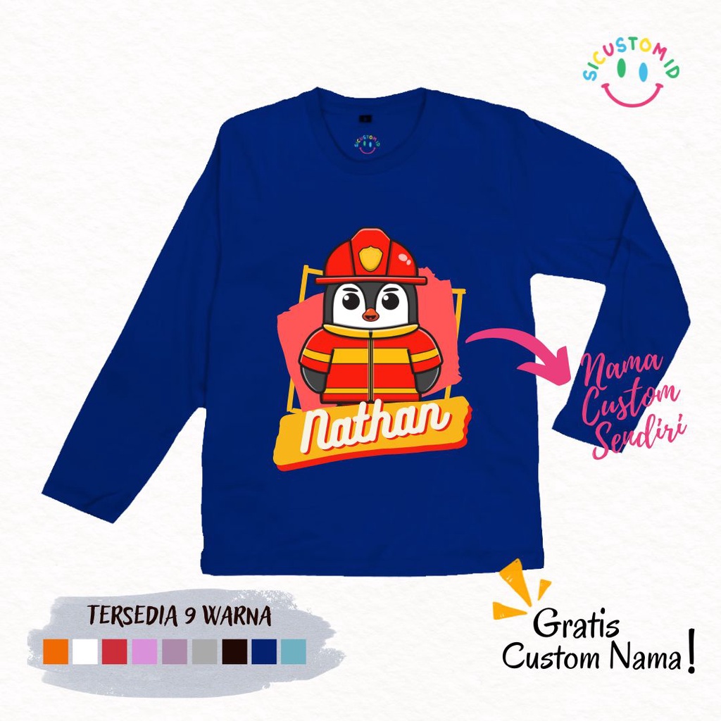 TERLARIS BAJU KAOS ANAK TANGAN PANJANG PENGUIN CHEF GRATIS CUSTOM NAMA / TULISAN KARTUN PROFESI / PEKERJAAN